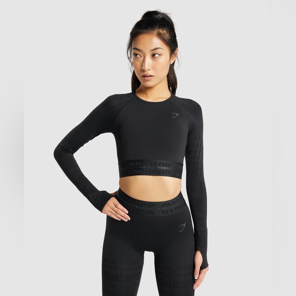 Gymshark Vision Long Sleeve Crop Top Black Seamless Logo Band XS S